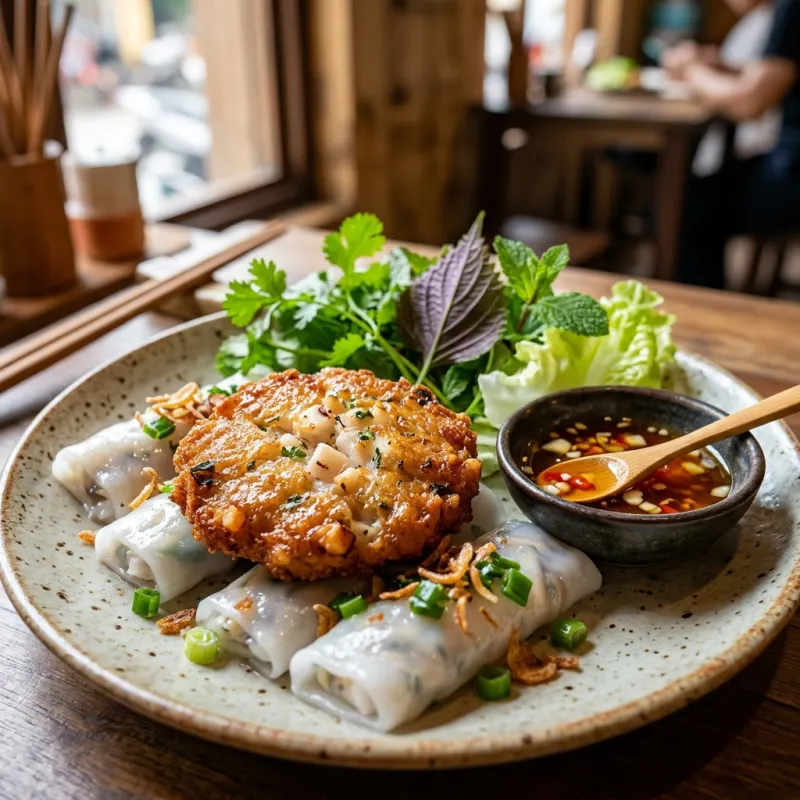 Golden deep-fried Ha Long squid patties served with Vietnamese rice rolls