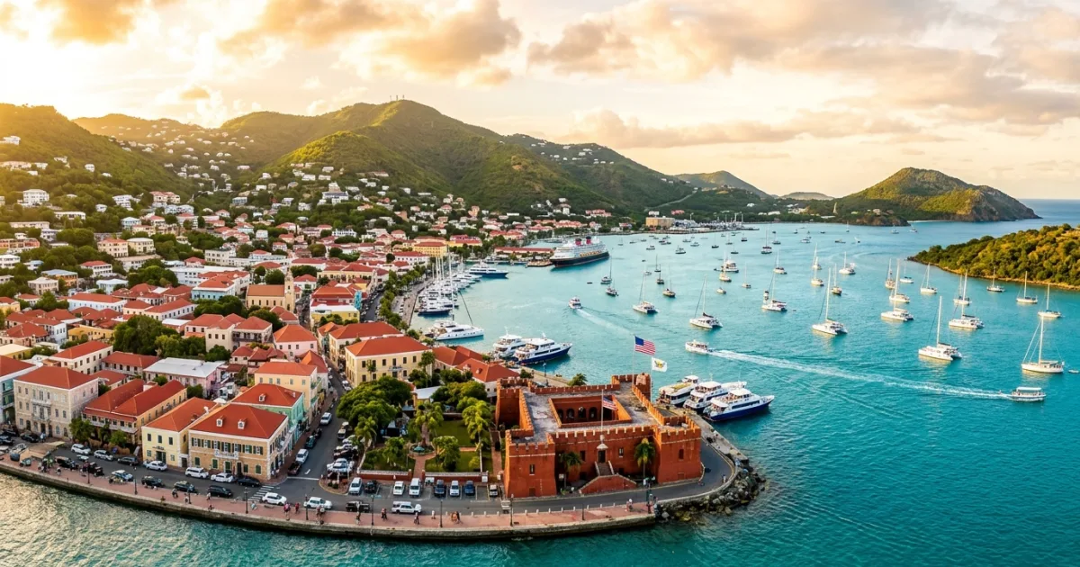 Panoramic golden hour view of Charlotte Amalie harbor and historic red-roofed hillside town in St. Thomas