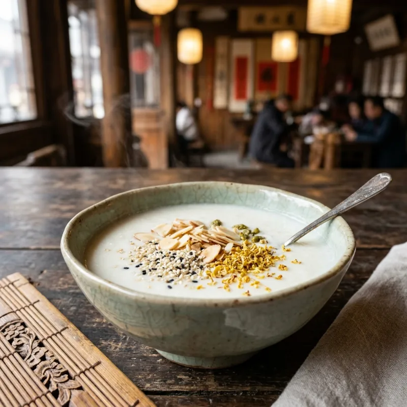 Chengde Almond Tea garnished with sesame seeds and dried osmanthus in a ceramic bowl