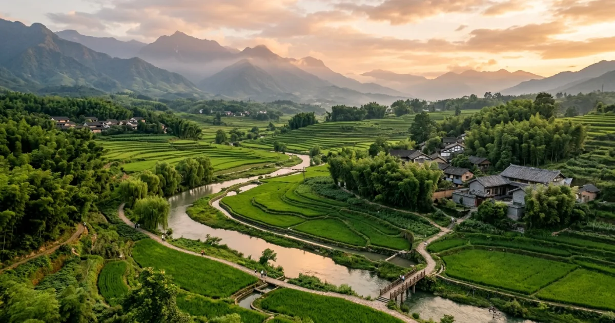 Panoramic view of the fertile Chengdu Plain with bamboo groves, river tributaries, and distant mountains