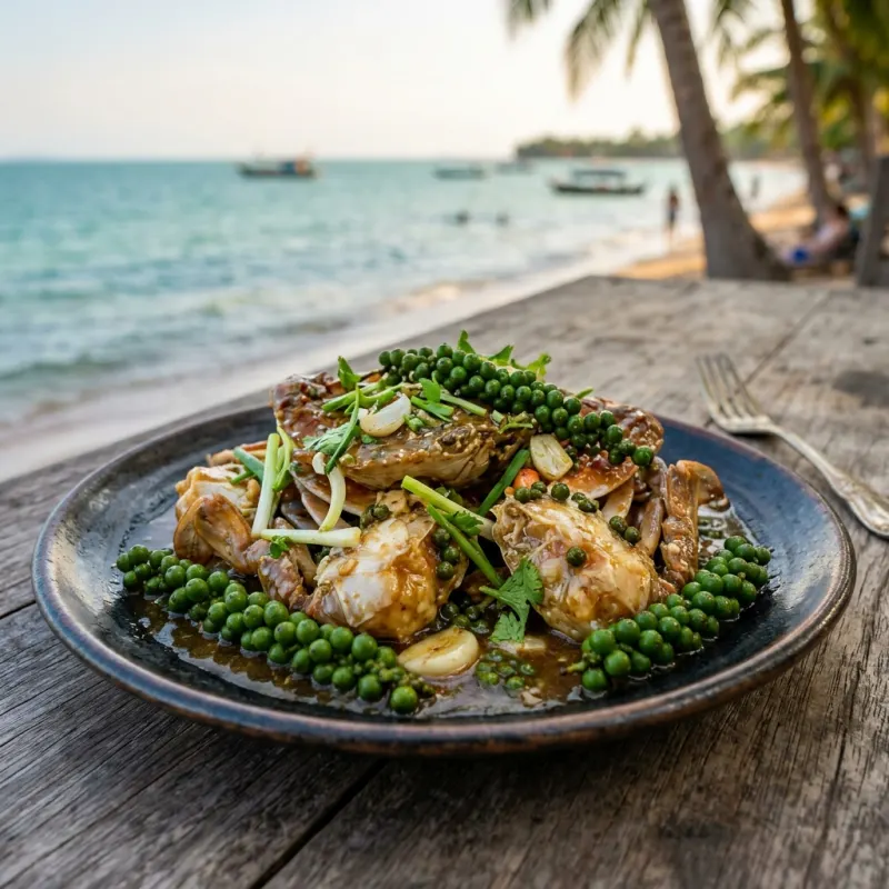 Cambodian stir-fried crab with fresh green Kampot peppercorns