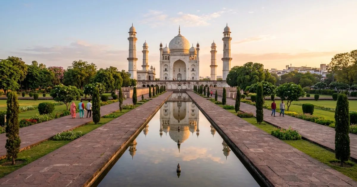 Bibi Ka Maqbara mausoleum in Chhatrapati Sambhajinagar against a clear morning sky