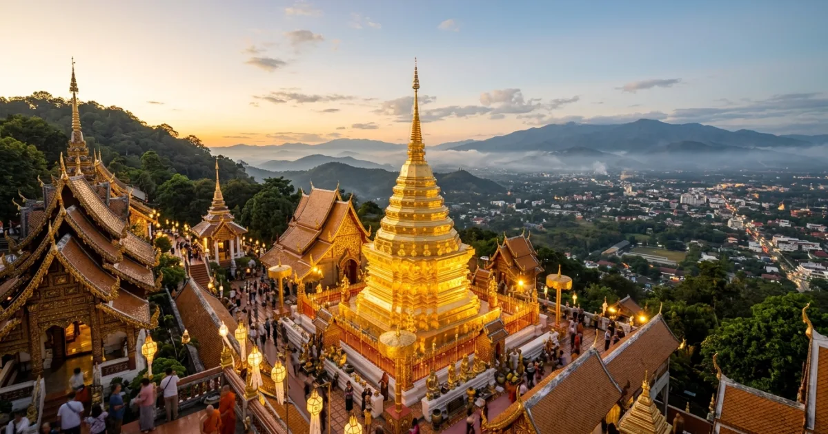 Golden pagoda of Wat Phra That Doi Suthep overlooking Chiang Mai valley at sunset