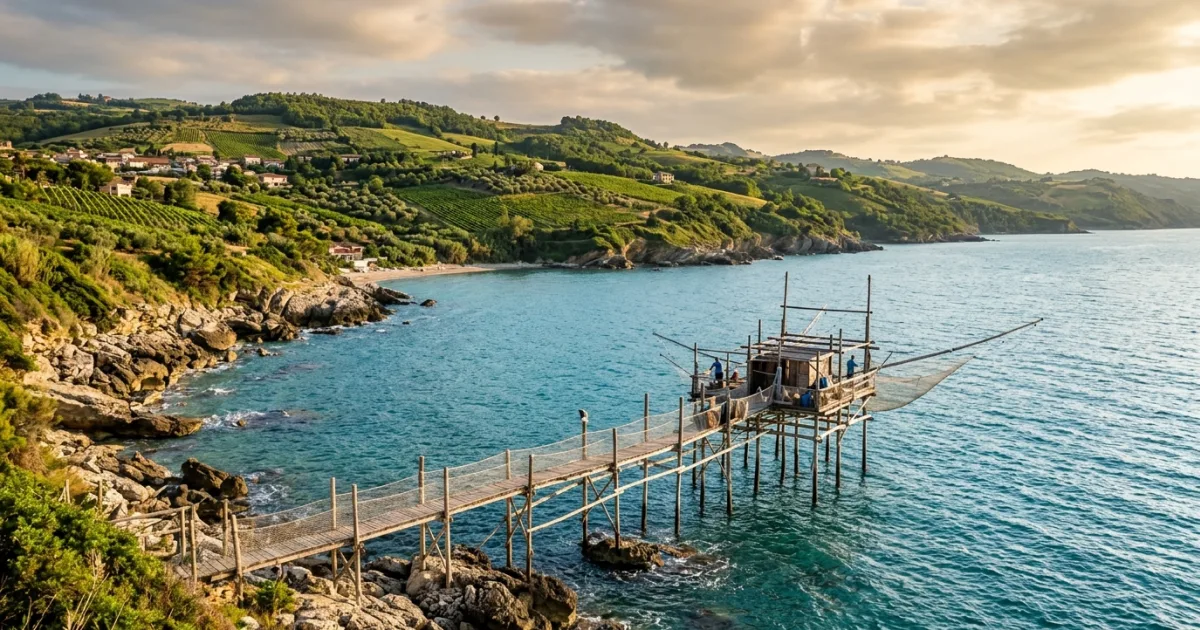 Scenic view of a historic trabocco wooden fishing platform on the Chieti coast in Abruzzo Italy