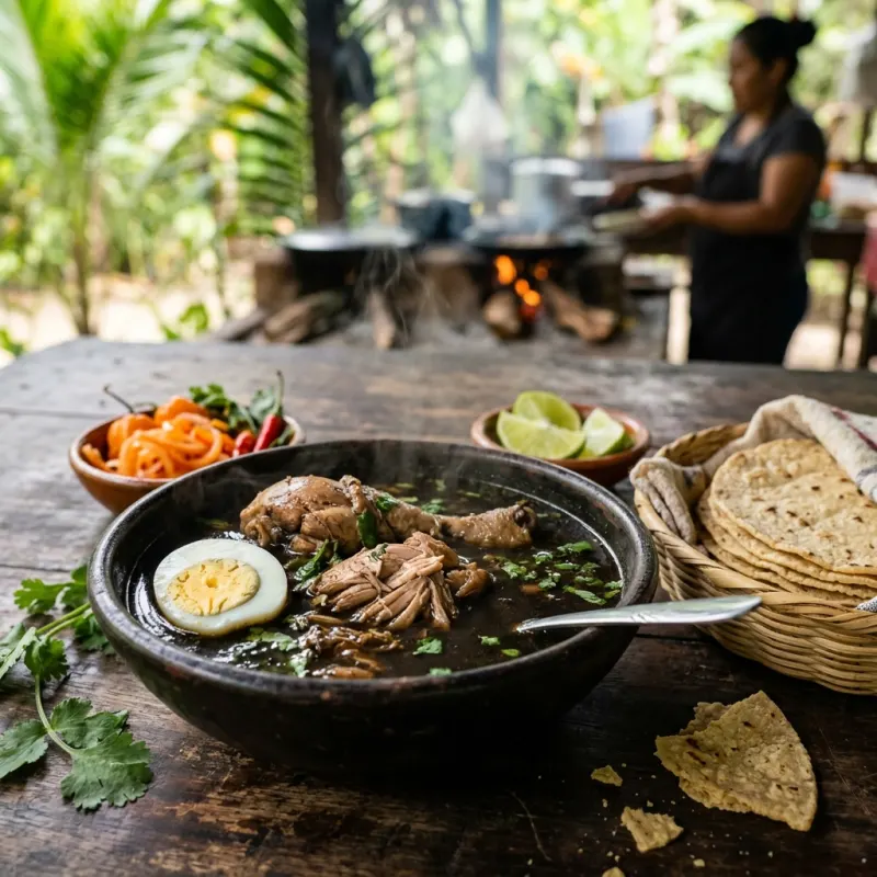 Authentic bowl of Belizean Chimole black soup served with boiled egg and corn tortillas