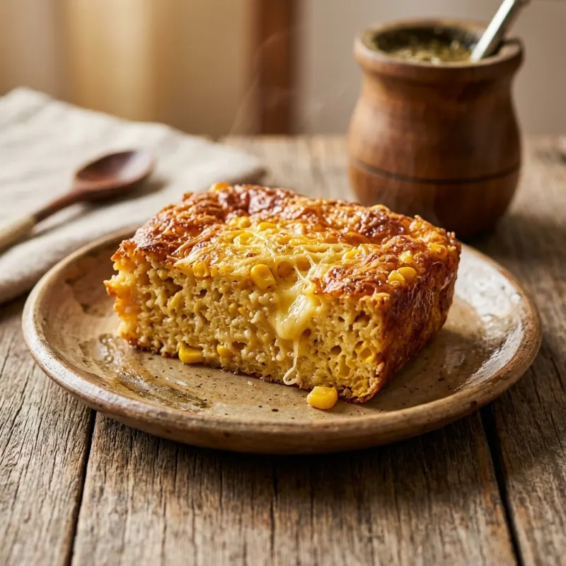Golden-baked slice of Chipá Guasú on a rustic clay plate