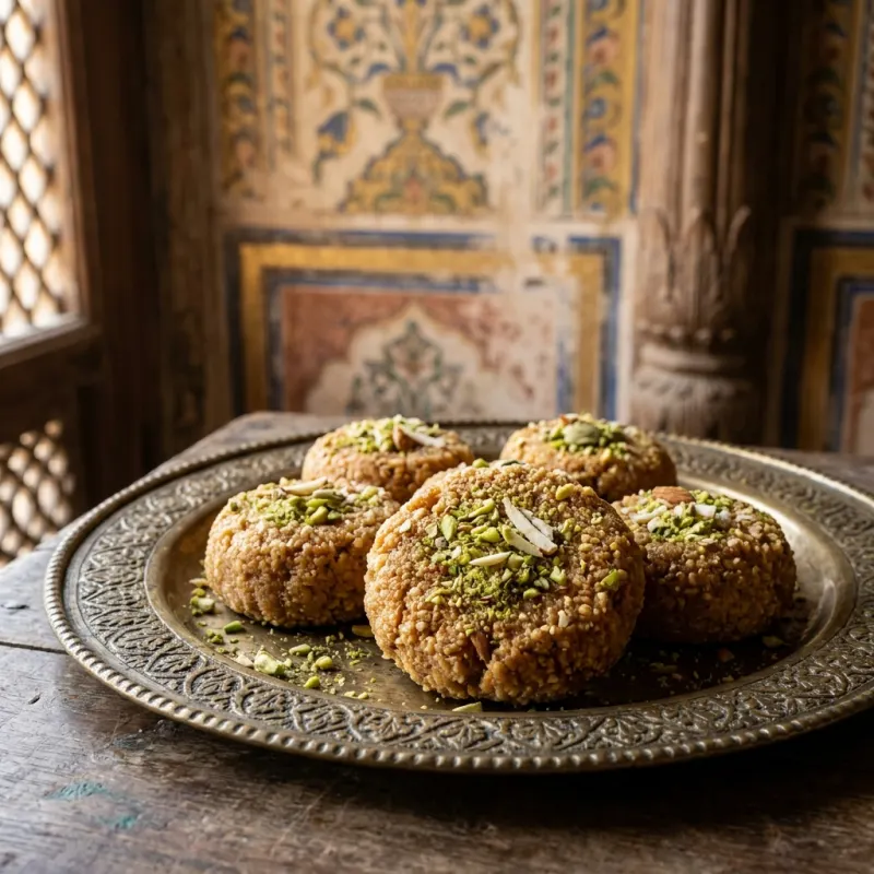Authentic golden-brown Chirawa Peda sweets garnished with pistachios on a traditional brass plate.