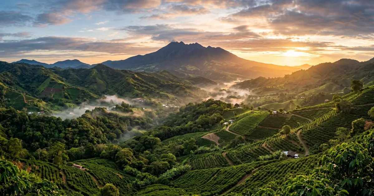 Panoramic view of Chiriqui Western Highlands with misty volcanic slopes and coffee plantations in Panama