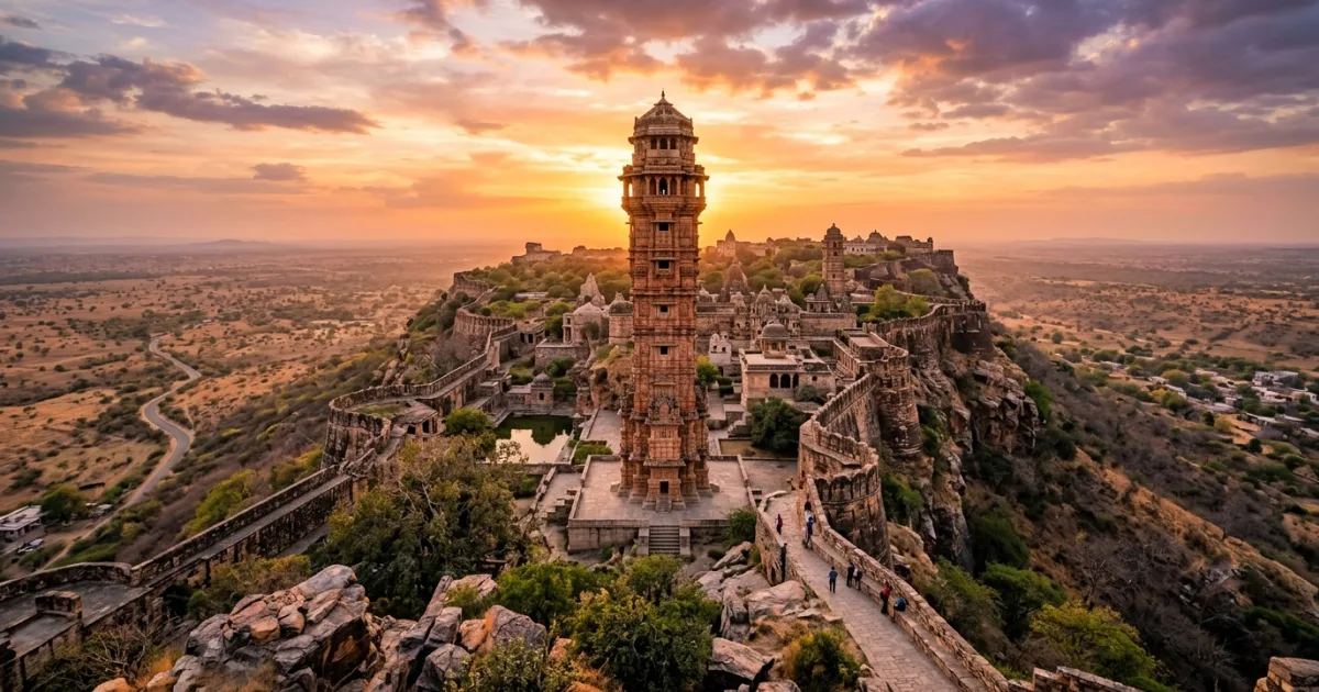 Panoramic view of Chittorgarh Fort and the Vijay Stambha tower during sunset in Rajasthan