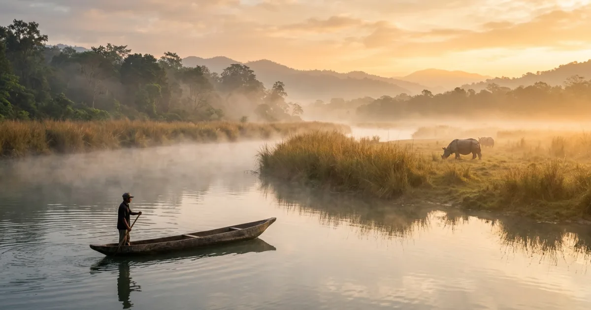 Travel Guides 9 Misty morning over the Rapti River in Chitwan National Park with a wild rhino in the distance