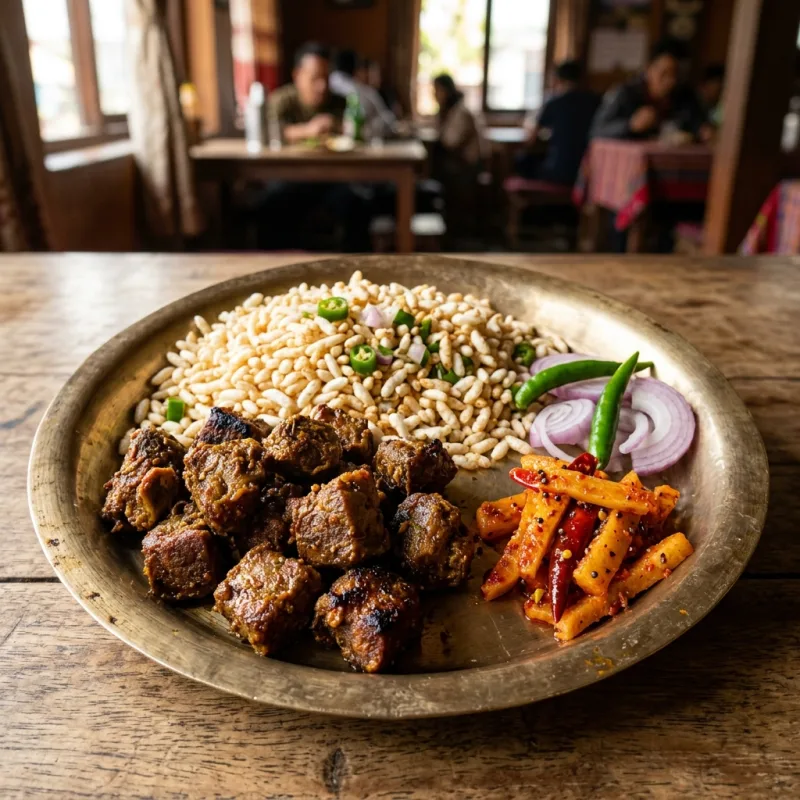 Authentic Chitwan Taas fried goat meat with puffed rice and spicy pickles