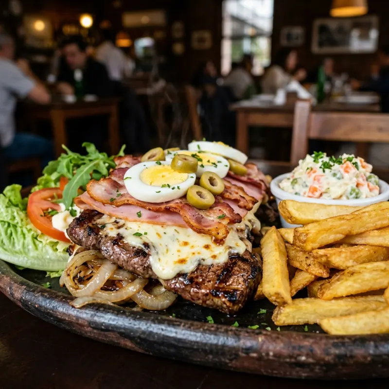 Authentic Uruguayan Chivito al Plato served with steak, cheese, bacon, and french fries