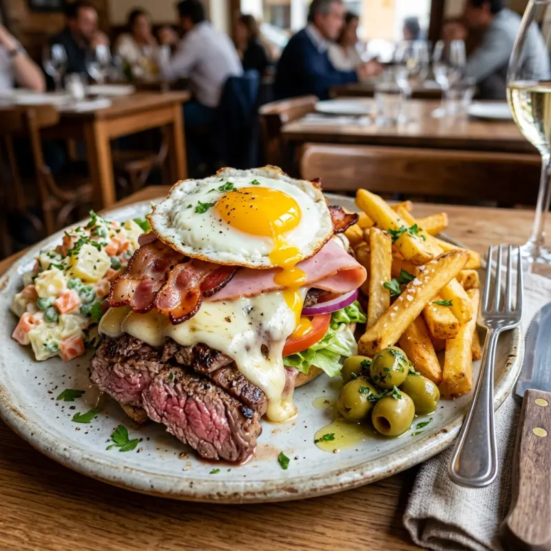 Authentic Uruguayan Chivito al Plato with steak, cheese, bacon, and fried egg