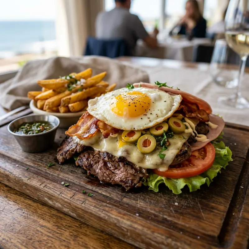 Uruguayan Chivito al Plato with steak, melted cheese, bacon, fried egg, and french fries