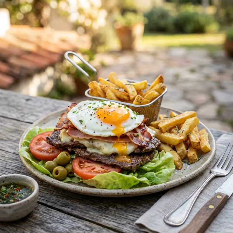 Uruguayan chivito al plato with steak, melted cheese, ham, egg, and fries