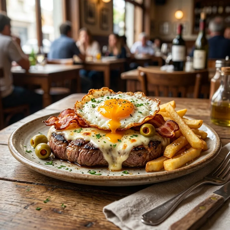 Authentic Chivito al Plato with steak, melted cheese, bacon, fried egg, and fries in Montevideo