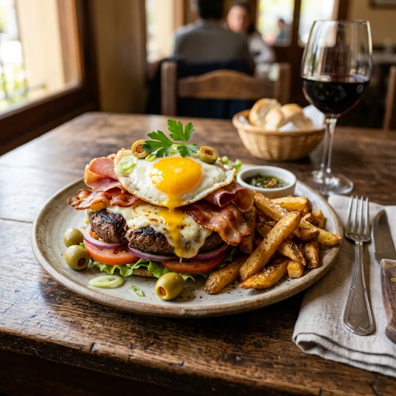 Authentic Uruguayan Chivito steak plate with toppings and french fries
