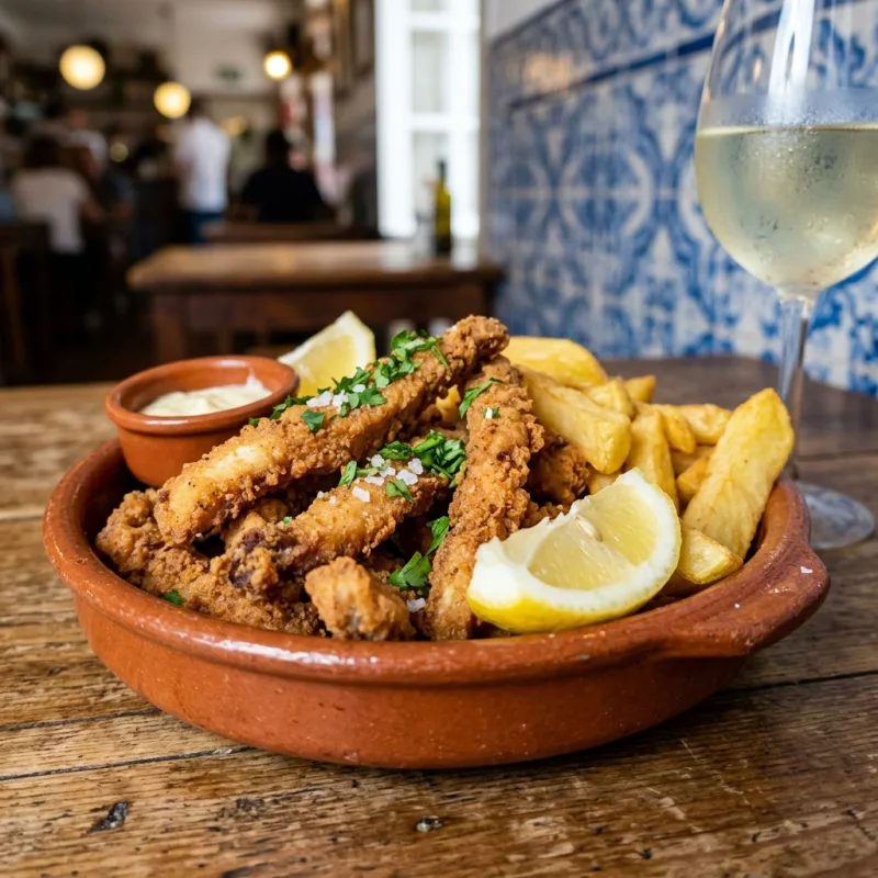 Golden fried cuttlefish strips known as Choco Frito served with lemon wedges and rustic fries in Setúbal