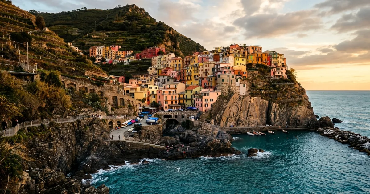 Panoramic sunset view of the colorful cliffside village of Manarola in Cinque Terre Italy