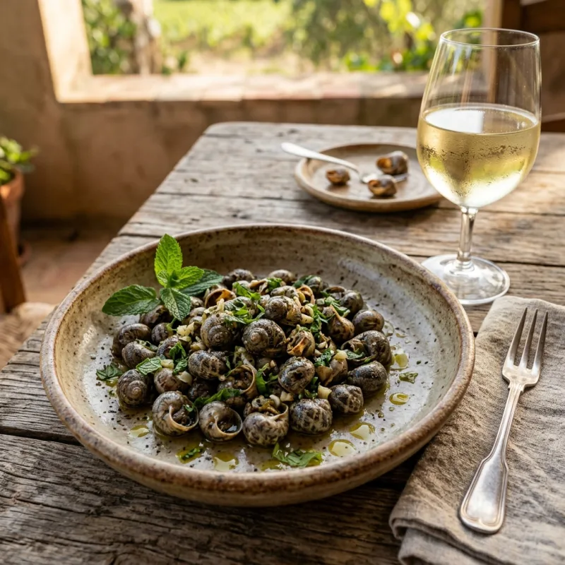 Bowl of traditional Sassarese cooked snails ciogga minudda with fresh mint