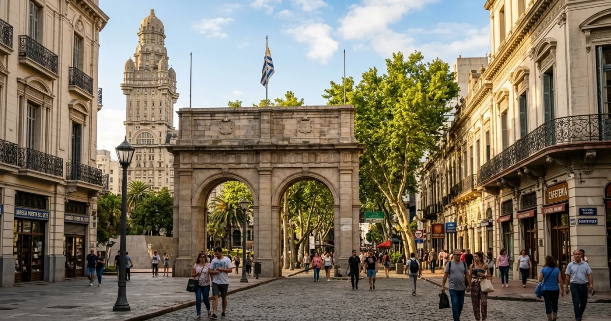 Ciudad Vieja historic street in Montevideo with colonial gate and historic architecture