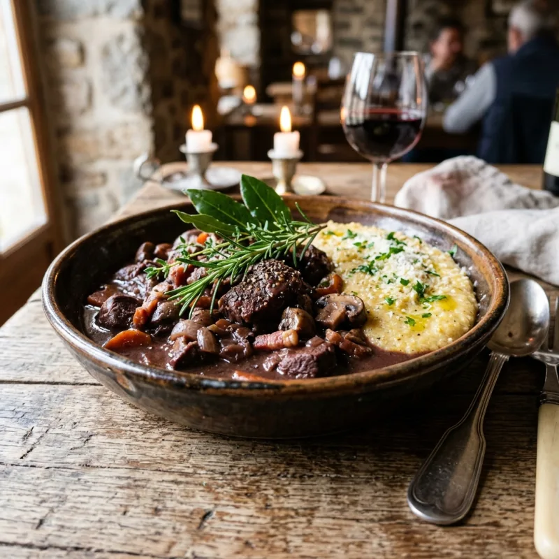 Authentic Corsican Civet de Sanglier wild boar stew served with chestnut polenta