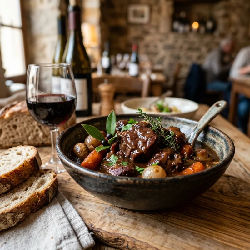 Civet de Sanglier Corsican wild boar stew in a rustic ceramic bowl