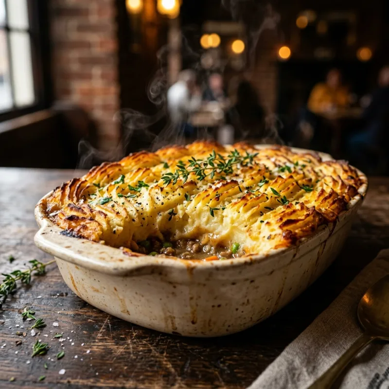 Classic British shepherd's pie topped with golden mashed potatoes in a traditional London pub