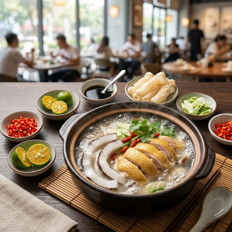 Authentic Shenzhen coconut chicken hotpot simmering in a tabletop broth