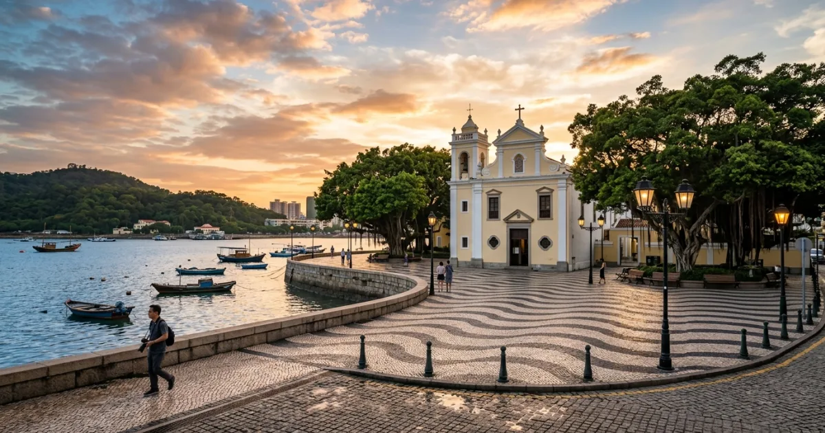 Coloane village waterfront with Portuguese cobblestones and Chapel of St. Francis Xavier in Macau