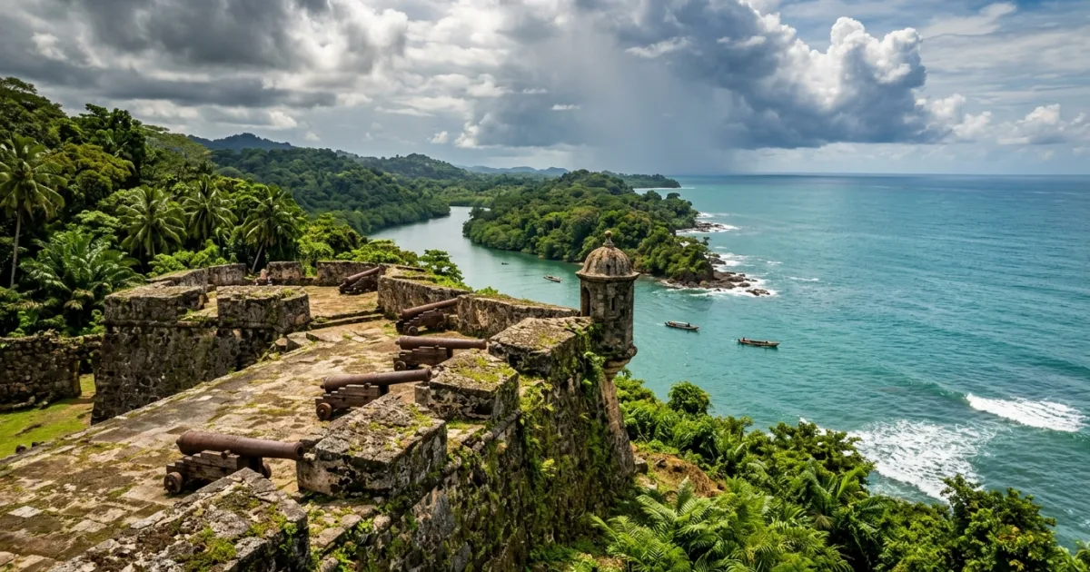 Panoramic view of the historic stone ruins of Fort San Lorenzo overlooking the Caribbean Sea in Panama