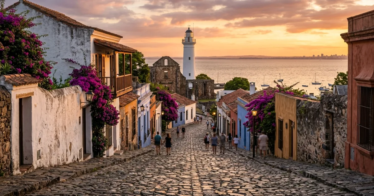 Travel Guides 3 Cobblestone street and historic lighthouse in Colonia del Sacramento at sunset