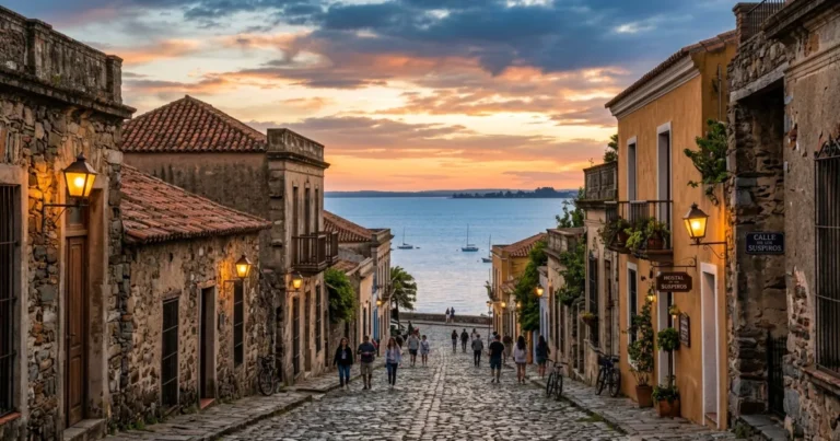 Colonia Department 2 Colonial cobblestone street and historic houses at sunset in Colonia Department Uruguay