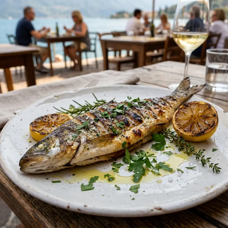 Freshly grilled Lake Garda coregone whitefish with herbs and lemon