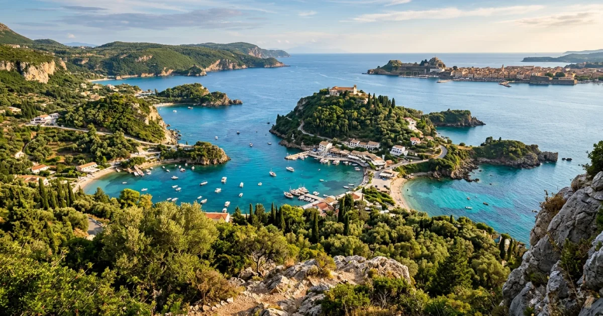 Panoramic view of Paleokastritsa bay with crystal clear turquoise water and lush cliffs in Corfu, Greece