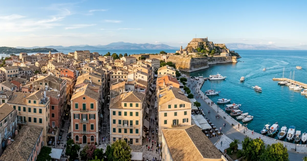Panoramic view of Corfu Town Old Town architecture and Venetian fortress overlooking the Ionian Sea