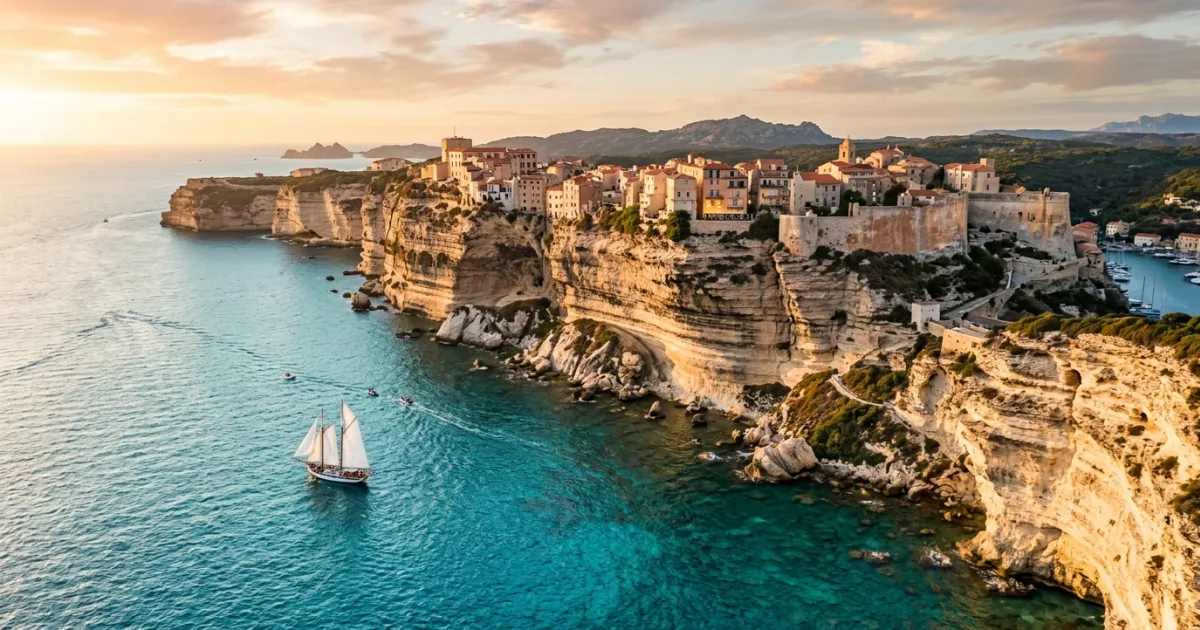 Dramatic limestone cliffs and medieval citadel of Bonifacio in Corse-du-Sud