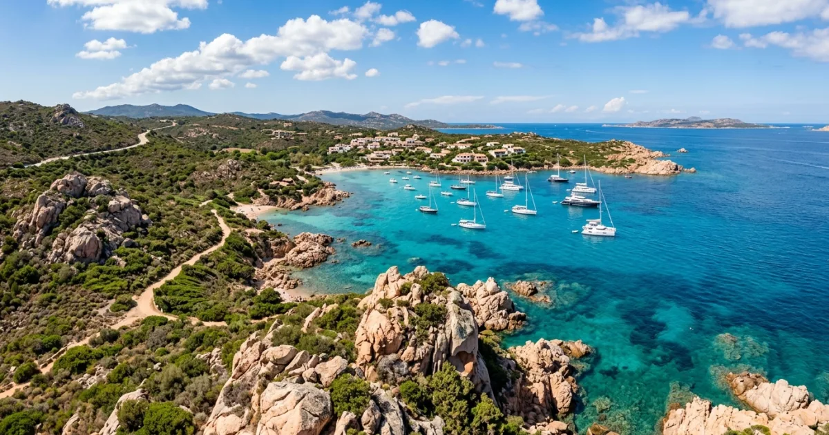Travel Guides 1 Panoramic turquoise coastline of Costa Smeralda with granite boulders and sailing yachts in Sardinia