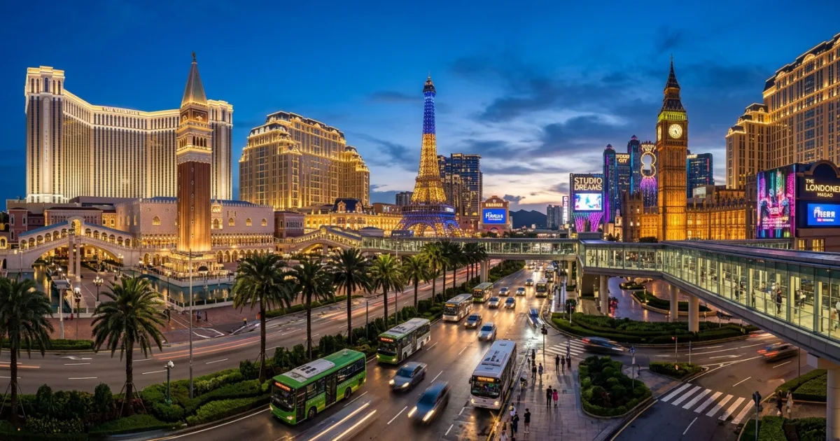 Illuminated luxury mega-resorts and replicas along the Cotai Strip in Macau at twilight