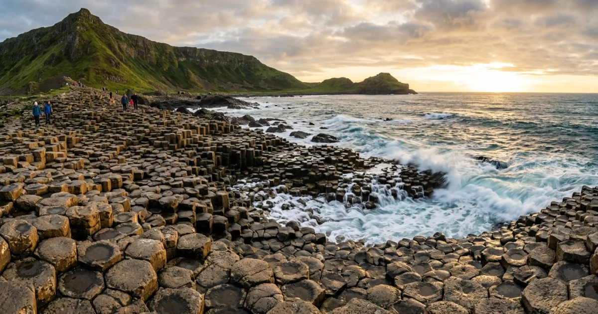 Panoramic view of the basalt columns of the Giant's Causeway along the County Antrim coast