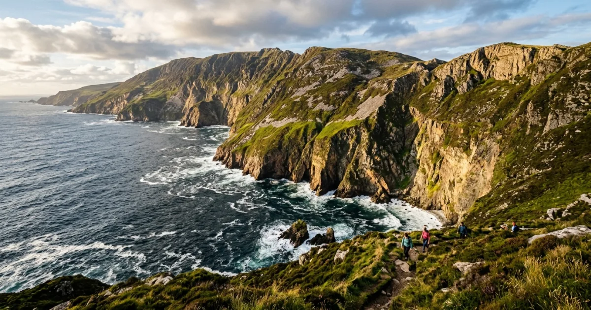 Panoramic view of the towering Slieve League sea cliffs along the coast of County Donegal, Ireland