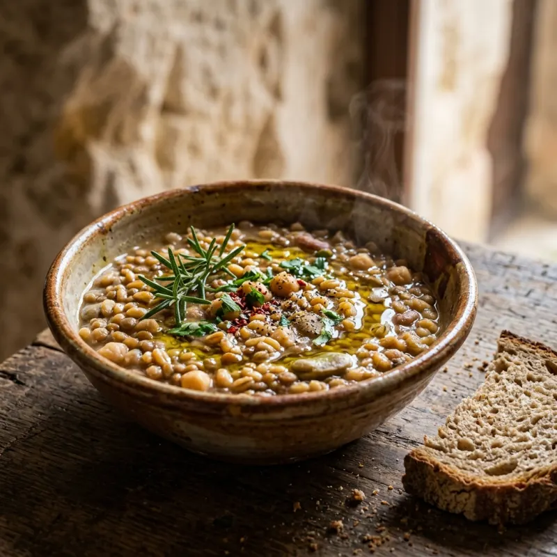 Authentic Crapiata Materana rustic legume and grain soup served with crusty bread