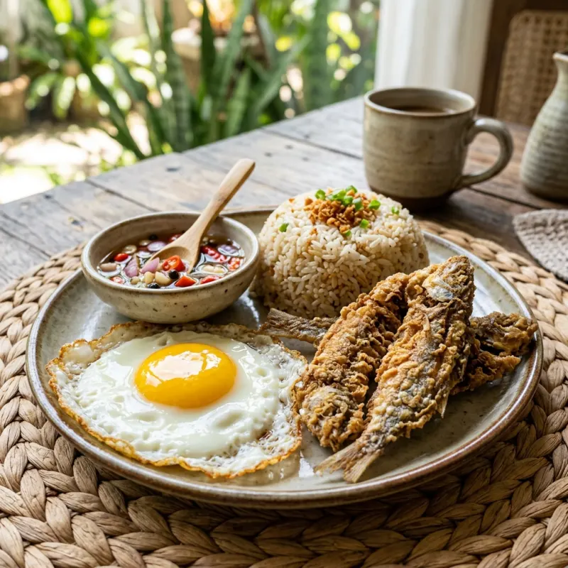 Golden-brown crispy fried danggit served with garlic rice and egg on a tropical table