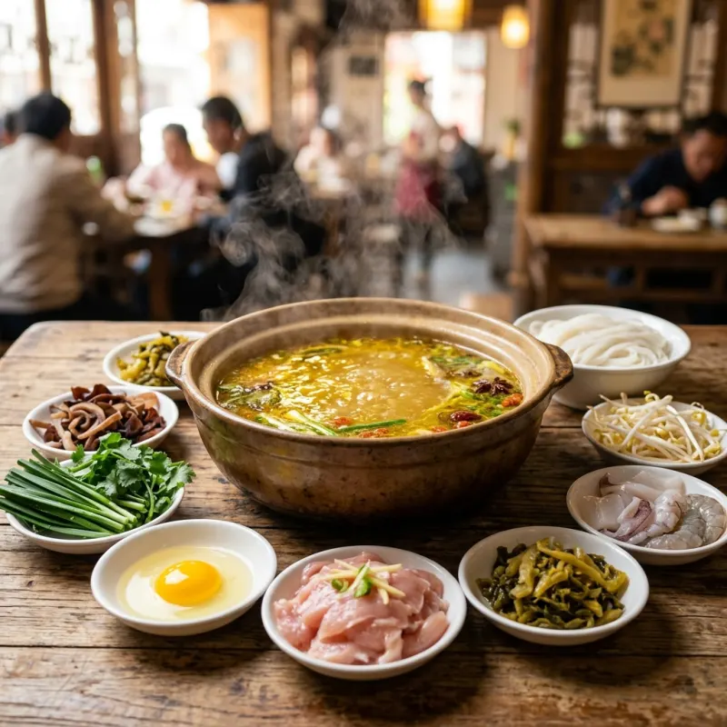 Authentic bowl of Yunnan Crossing-the-Bridge Rice Noodles with side ingredients