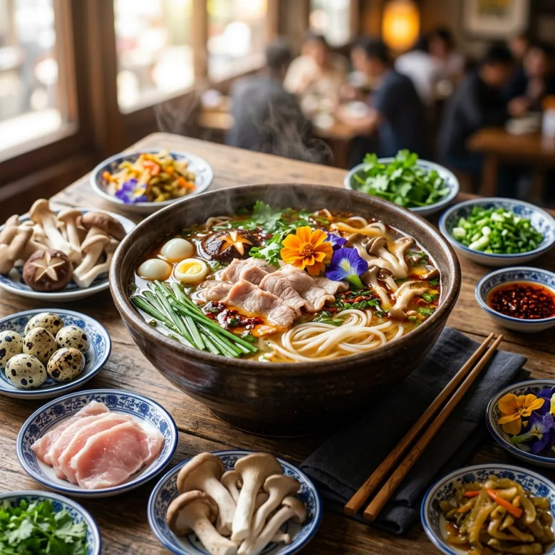 Authentic bowl of Yunnan Crossing the Bridge Rice Noodles with ingredient side plates