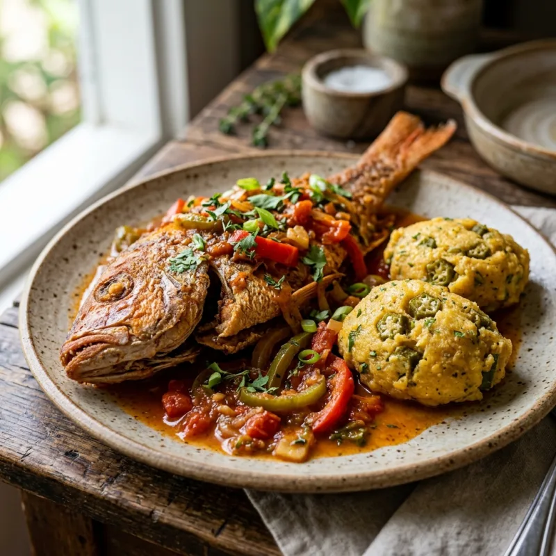 Authentic Crucian pot fish served with traditional okra cornmeal fungi