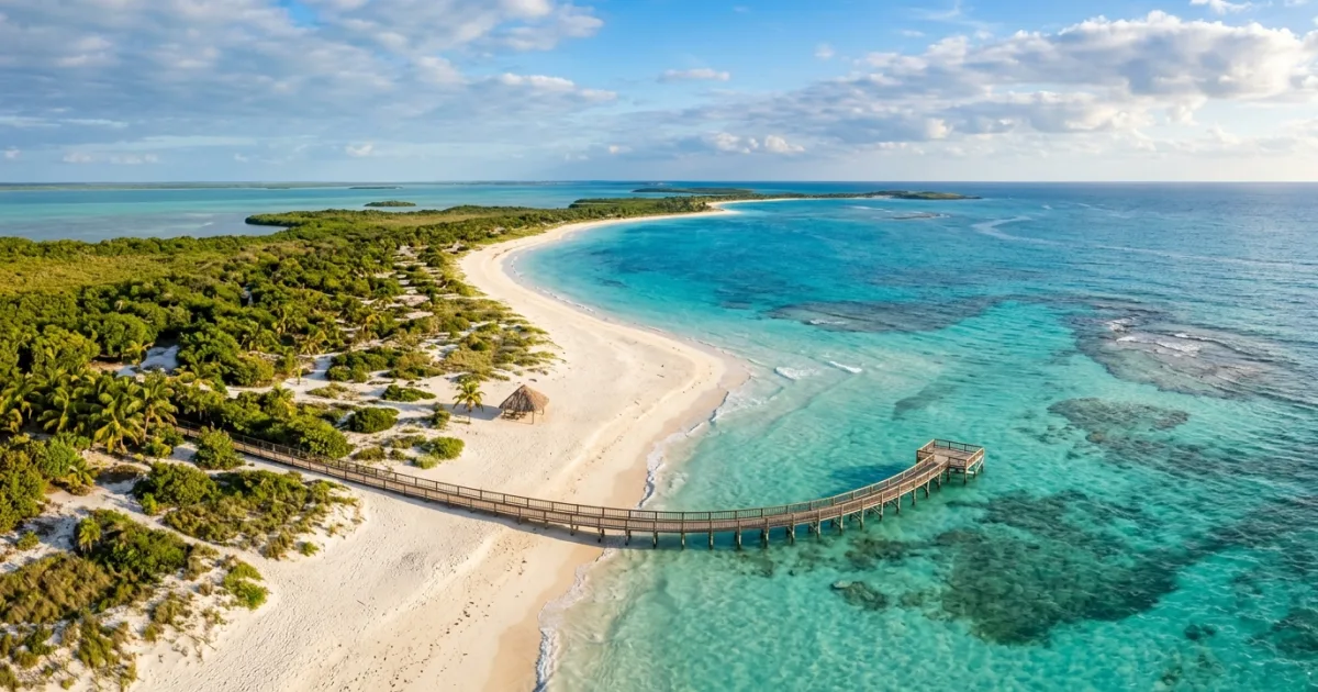 Panoramic view of white sand beach and turquoise water in the Cuban Cayos