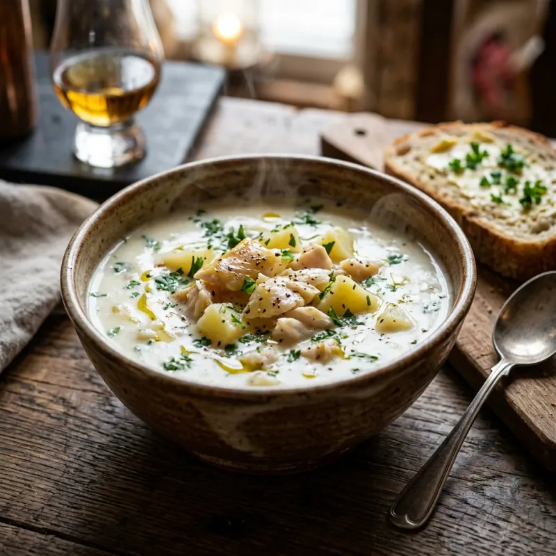 Steaming bowl of traditional Scottish Cullen skink soup with smoked haddock and crusty bread