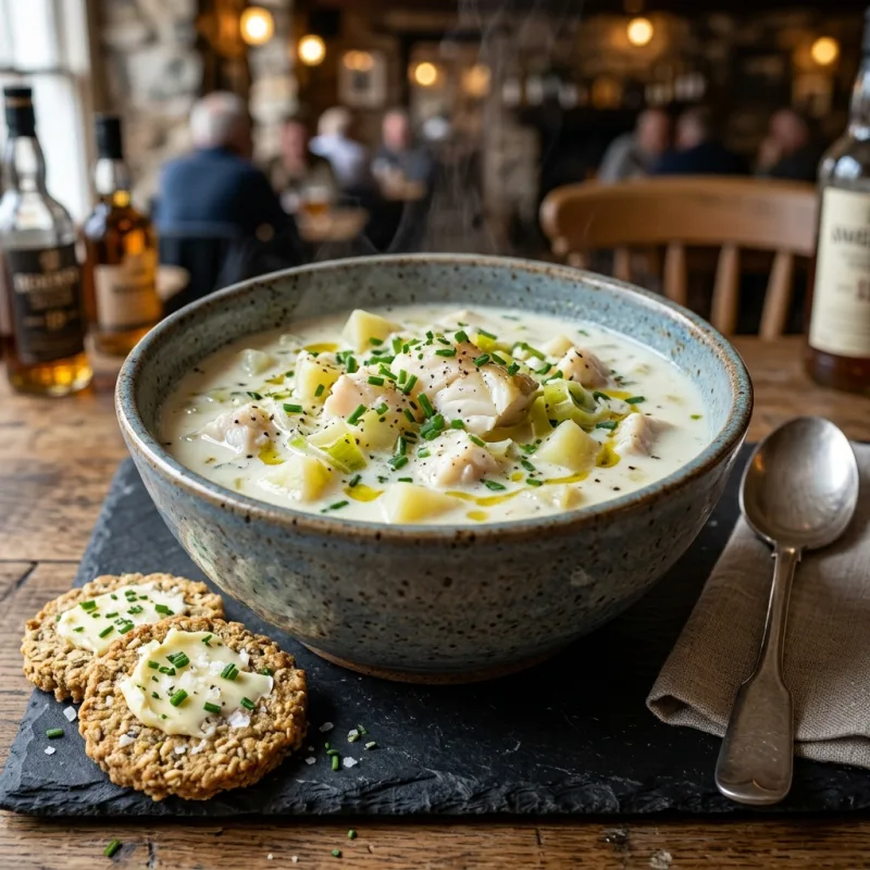 Steaming bowl of Cullen Skink soup with smoked haddock and oatcakes