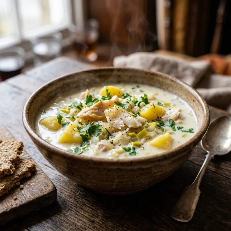 Bowl of traditional Scottish Cullen Skink smoked haddock soup with oatcakes